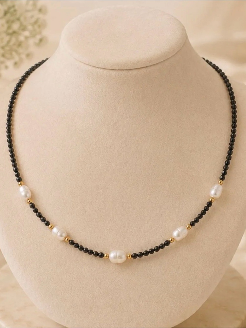 Black Facet Bead & Freshwater Pearl Necklace - NEW